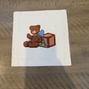 cross stitch teddy bear hearts handmade finished baby block nursery embroidery